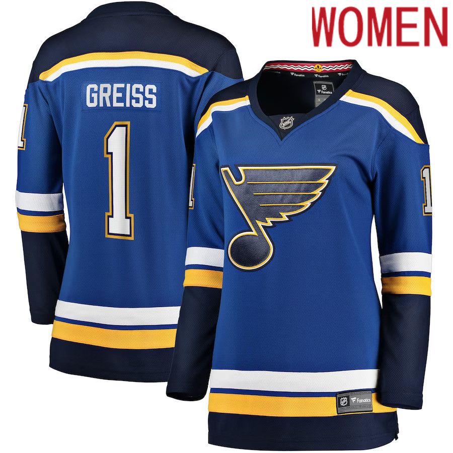 Women St. Louis Blues 1 Thomas Greiss Fanatics Branded Blue Home Breakaway Player NHL Jersey